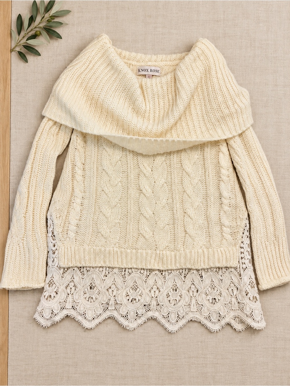 Knox Rose Ivory Cable-Knit Cowl Sweater with Lace Hem